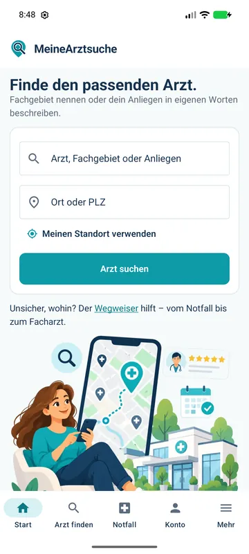 App-Startseite mit Arztsuche