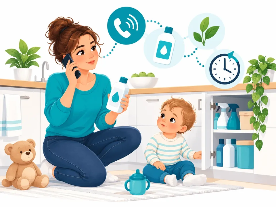 Illustration: Eine Mutter kniet ruhig neben ihrem Kleinkind in der Küche, telefoniert mit dem Giftnotruf und hält die Reinigungsmittel-Flasche bereit.