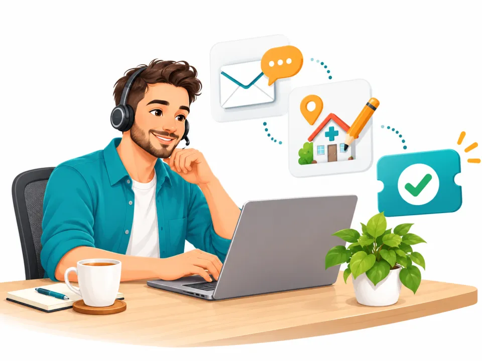 Illustration: Ein Mitarbeiter mit Headset liest eine Nachricht am Laptop; Symbole zeigen Nachricht, Korrektur eines Praxiseintrags und erledigtes Ticket.