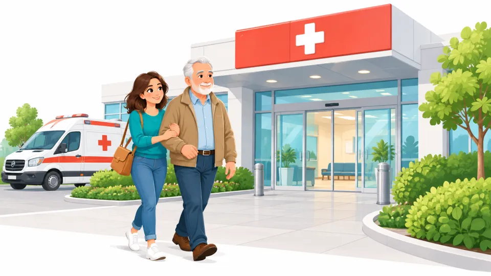Illustration: Eine junge Frau begleitet einen älteren Mann ruhig zum Eingang eines Krankenhauses.