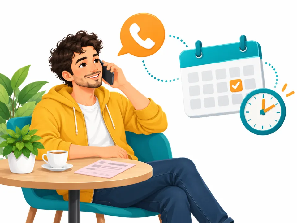 Illustration: Ein junger Mann telefoniert entspannt; ein Kalender mit markiertem Tag zeigt den vereinbarten Termin.